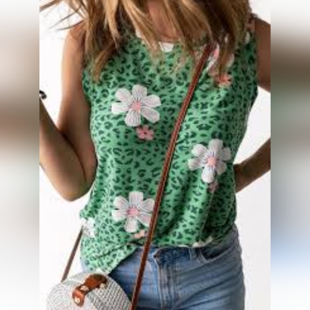 Green Crew Neck Floral Leopard Print Tank Top Size XL NWOT P2P 22 In - Picture 1 of 5